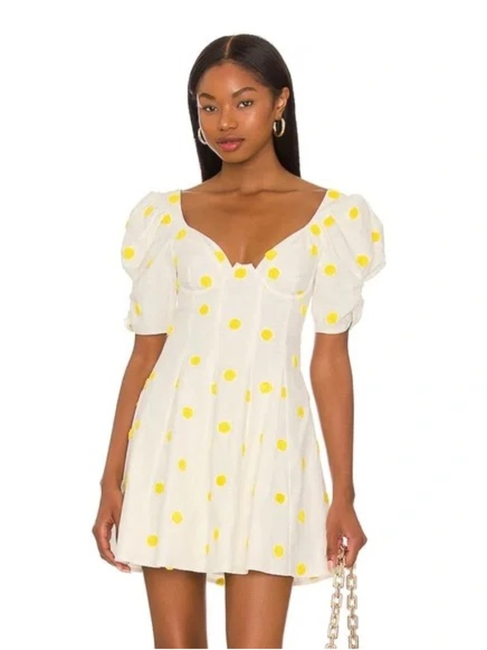 For Love & Lemons Claude White Mini Dress with Yellow Polka Dots